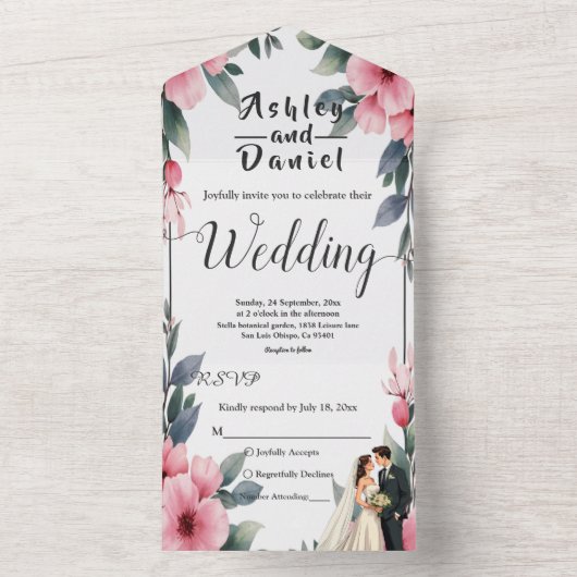 Aquarellfarbene Blütenrahmenbräune und Hochzeitsfe All In One Einladung (Innen Boden)