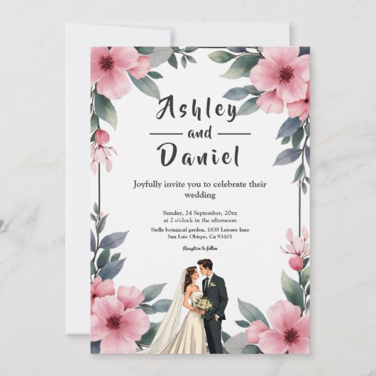 Aquarellfarbene Blütenrahmenbräune und Hochzeitsfe Einladung (Vorderseite)