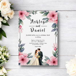 Aquarellfarbene Blütenrahmenbräune und Hochzeitsfe Einladung