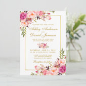 Aquarellfarbene Blütenrosa Blush Gold Hochzeit Einladung (Stehend Vorderseite)