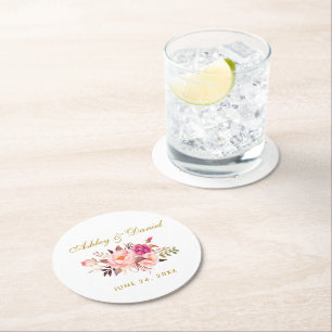 Aquarellfarbene Blütenrosa Blush Gold Hochzeit Runder Pappuntersetzer