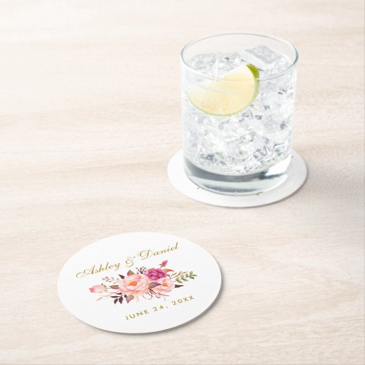 Aquarellfarbene Blütenrosa Blush Gold Hochzeit Runder Pappuntersetzer (Vor Ort)