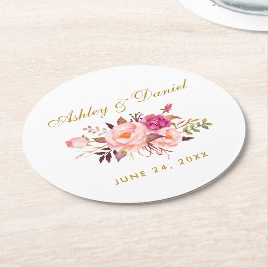 Aquarellfarbene Blütenrosa Blush Gold Hochzeit Runder Pappuntersetzer (Angewinkelt)