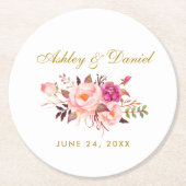 Aquarellfarbene Blütenrosa Blush Gold Hochzeit Runder Pappuntersetzer (Vorderseite)