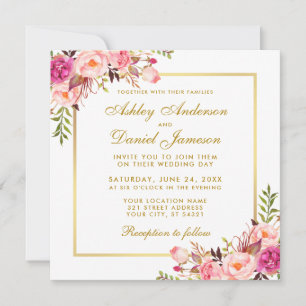 Aquarellfarbene Blütenrosa Blush Gold Wedding Card Einladung