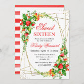 Aquarellfarbene Erdbeeren Gold Frame Sweet 16 Einladung (Vorne/Hinten)