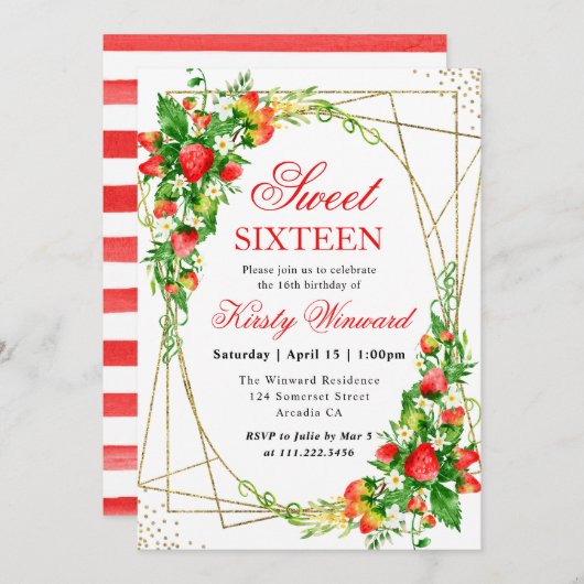 Aquarellfarbene Erdbeeren Gold Frame Sweet 16 Einladung (Vorne/Hinten)