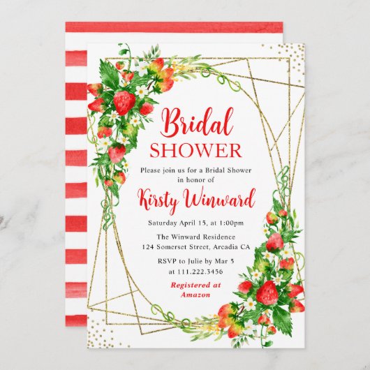 Aquarellfarbene Erdbeeren Rahmen Brautparty Einladung (Vorne/Hinten)