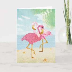 Aquarellfarbene Flamingos am Strand Karte