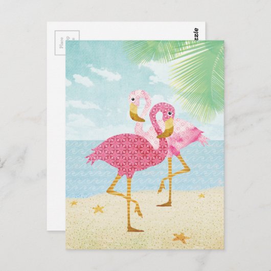 Aquarellfarbene Flamingos am Strand Postkarte (Vorne/Hinten)