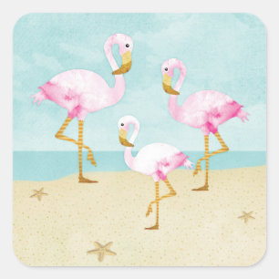 Aquarellfarbene Flamingos am Strand Quadratischer Aufkleber