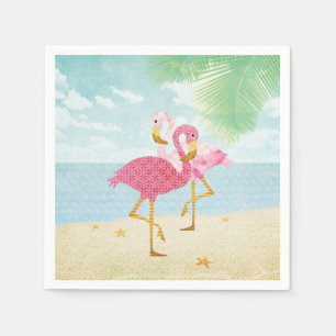 Aquarellfarbene Flamingos am Strand Serviette