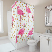 Aquarellfarbene Flamingos mit goldenen Punkten nah Duschvorhang (Beispiel)