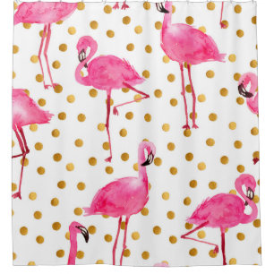 Aquarellfarbene Flamingos mit goldenen Punkten nah Duschvorhang