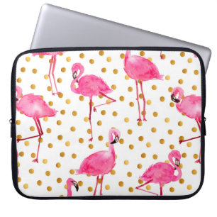 Aquarellfarbene Flamingos mit goldenen Punkten nah Laptopschutzhülle
