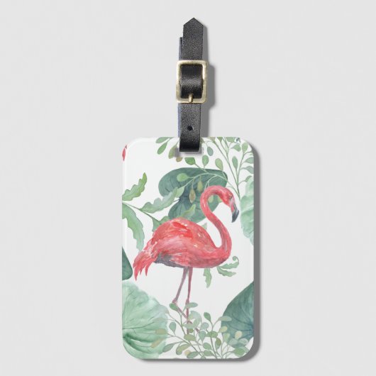 Aquarellfarbene Flamingos und Blätter. Gepäckanhänger (Vorderseite Vertikal)