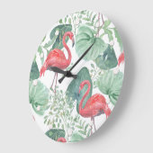 Aquarellfarbene Flamingos und Blätter. Große Wanduhr (Winkel)