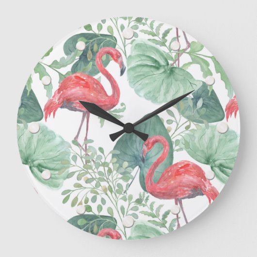 Aquarellfarbene Flamingos und Blätter. Große Wanduhr (Vorderseite)