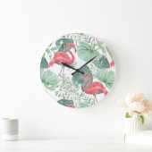 Aquarellfarbene Flamingos und Blätter. Große Wanduhr (Zuhause)