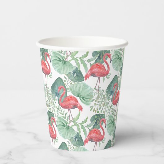 Aquarellfarbene Flamingos und Blätter. Pappbecher (Rückseite)