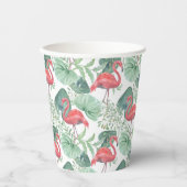 Aquarellfarbene Flamingos und Blätter. Pappbecher (Vorderseite)