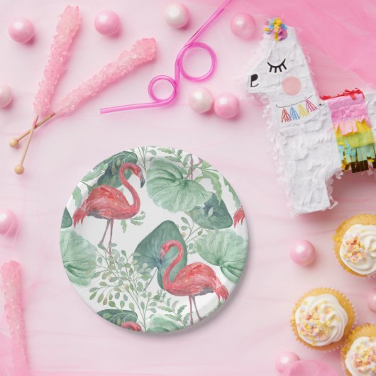 Aquarellfarbene Flamingos und Blätter. Pappteller (Party)