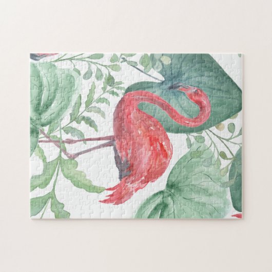Aquarellfarbene Flamingos und Blätter. Puzzle (Horizontal)