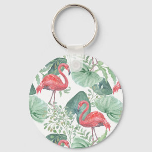 Aquarellfarbene Flamingos und Blätter. Schlüsselanhänger