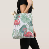 Aquarellfarbene Flamingos und Blätter. Tasche (Von Nahem)