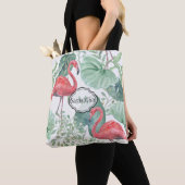 Aquarellfarbene Flamingos und Blätter. Tasche (Von Nahem)