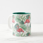 Aquarellfarbene Flamingos und Blätter. Zweifarbige Tasse (Vorderseite Links)