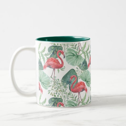 Aquarellfarbene Flamingos und Blätter. Zweifarbige Tasse (Links)