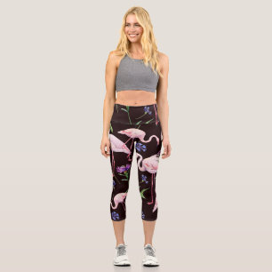 Aquarellfarbene Flamingos und wilde Blume Muster. Capri Leggings