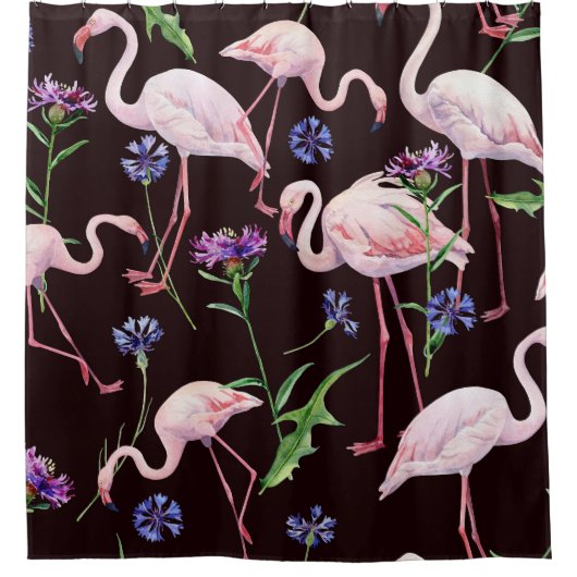 Aquarellfarbene Flamingos und wilde Blume Muster. Duschvorhang (Vorderseite)
