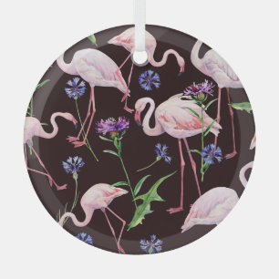 Aquarellfarbene Flamingos und wilde Blume Muster. Ornament Aus Glas