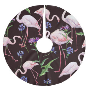 Aquarellfarbene Flamingos und wilde Blume Muster. Polyester Weihnachtsbaumdecke