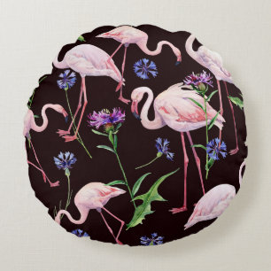 Aquarellfarbene Flamingos und wilde Blume Muster. Rundes Kissen