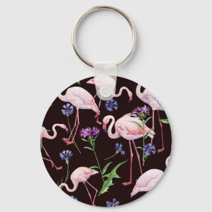 Aquarellfarbene Flamingos und wilde Blume Muster. Schlüsselanhänger