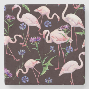 Aquarellfarbene Flamingos und wilde Blume Muster. Steinuntersetzer