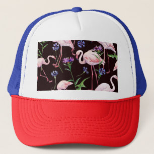 Aquarellfarbene Flamingos und wilde Blume Muster. Truckerkappe