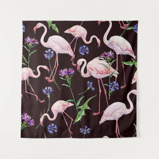 Aquarellfarbene Flamingos und wilde Blume Muster. Wandteppich (Vorderseite)