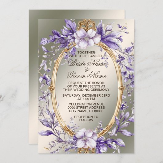 Aquarellfarbene goldene Rahmen violette Blumen Hoc Einladung (Vorne/Hinten)