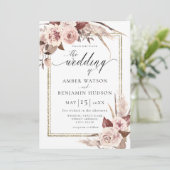 Aquarellfarbene Goldfolie Pampas Boho Hochzeit Einladung (Stehend Vorderseite)