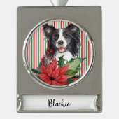 Aquarellfarbene Grenzkollie mit Poinsettia Banner-Ornament Silber (Vorderseite)