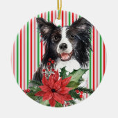 Aquarellfarbene Grenzkollie mit Poinsettia Keramik Ornament (Vorne)