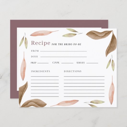 Aquarellfarbene Herbstlaube Brautparty Rezept Kart (Vorne/Hinten)