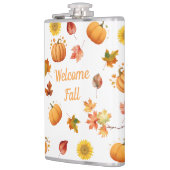 Aquarellfarbene Herbstlaube und Pumpkins Flachmann (Links)