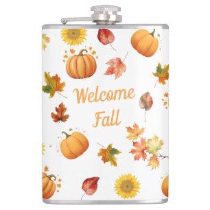 Aquarellfarbene Herbstlaube und Pumpkins Flachmann