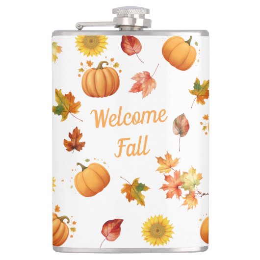 Aquarellfarbene Herbstlaube und Pumpkins Flachmann (Vorderseite)