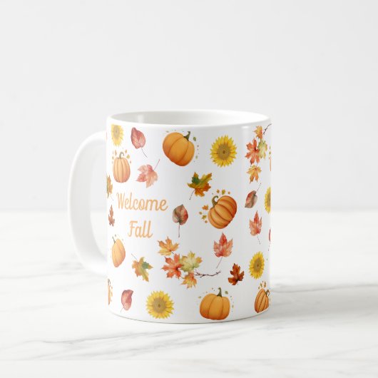 Aquarellfarbene Herbstlaube und Pumpkins Kaffeetasse (Vorderseite Links)